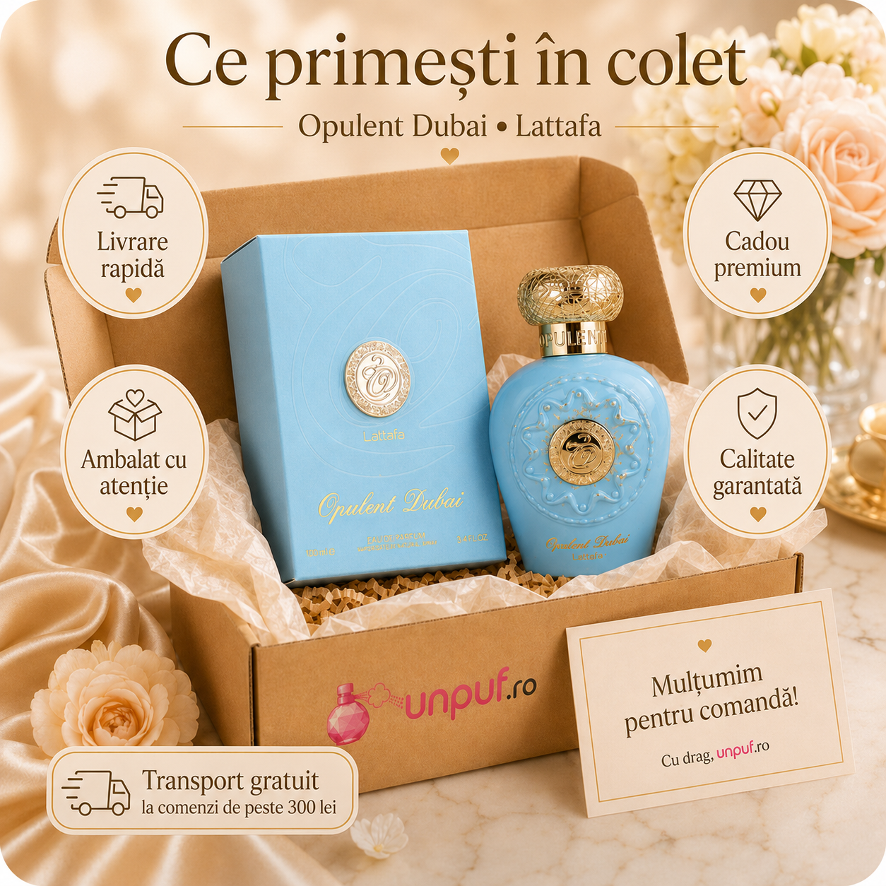 Ce primești &icirc;n colet Parfum Arăbesc Opulent Dubai Lattafa 100 ml ambalat cu atenție
